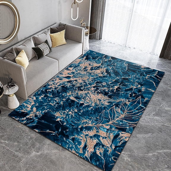 Nordic Light Luxury Art Area Rug, Modern Abstract Creative Bule Gold Marble Printed Rug, Cozy Durable Non-Slip Breathable Washable Thin Mat For Living Room Bedroom Entryway Hallway 2x3ft