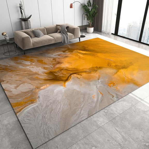 Nordic Light Luxury Art Area Rugs, Abstract Yellow Gray Marble Ripple Rug, Washable Non-Slip Low Pile Absorbent Floor Carpet For Living Room Bedroom Kitchen Entryway Hallway 3x4ft