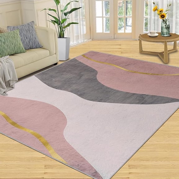 Nordic Light Luxury Art Girls Area Rug, Pink Gray Gold Geometry Indoor Non Slip Living Room Rug, Machine Washable Carpet for Woman Bedside Bedroom Kitchen Dining Room Floor Mat 2 x 3ft