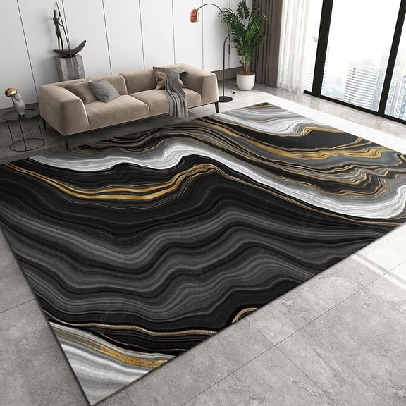 Nordic Light Luxury Carpets, Modern Black And White Gold Rippled Marble Texture Washable Area Rug, Non Slip Rubber Backed Mats For Living Room Bedroom Entryway Hallway Sofa 1x2ft