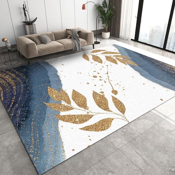 Nordic Light Luxury Creative Ink Blue Art Area Rug, Modern Golden Palm Leaves Room Decor Rug, Cozy Breathable Washable Thin Mat For Living Room Bedroom Entryway Hallway Hotel 1x2ft