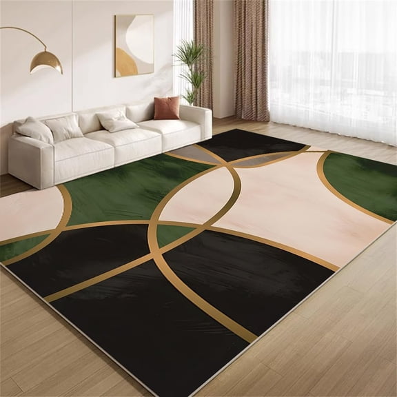 Nordic Light Luxury Geometric Area Rugs Modern Abstract Emerald Green Black Gold Print Indoor Rug Non Slip Washable Low Pile Carpet for Living Room Bedroom Office Entrance Foyer 2x3ft(Small)