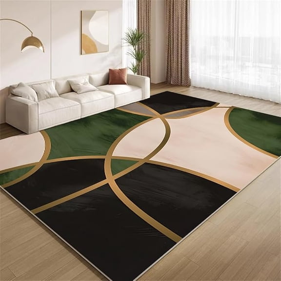 Nordic Light Luxury Geometric Area Rugs Modern Abstract Emerald Green Black Gold Print Indoor Rug Non Slip Washable Low Pile Carpet for Living Room Bedroom Office Entrance Foyer 4 x 6ft