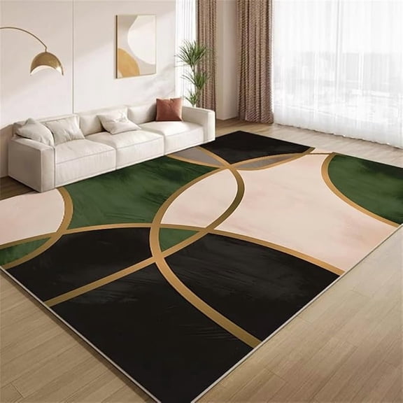 Nordic Light Luxury Geometric Area Rugs Modern Abstract Emerald Green Black Gold Print Indoor Rug Non Slip Washable Low Pile Carpet for Living Room Bedroom Office Entrance Foyer 5 x 7ft