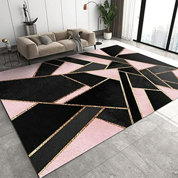 Nordic Light Luxury Geometric Girls Room Rug, Modern Black Gold Pink Area Rugs, Washable Foldable Non Slip Backing Low Pile Carpet For Living Room Bedroom Dorm Entryway Office 2x3ft