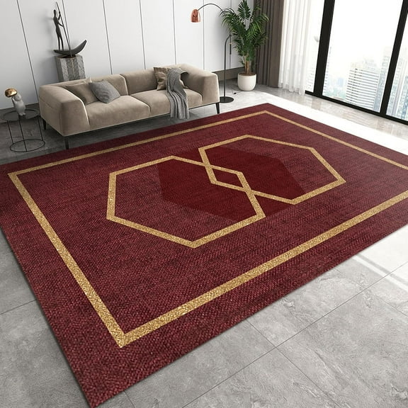 Nordic Light Luxury Geometric Golden Lines Art Rug, Festive Red Area Rug, Absorbent Non-Slip Foldable Thin Home Decor Carpet For Living Room Bedroom Entryway Hallway 3x5ft