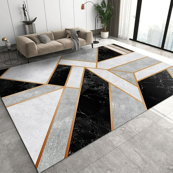 Nordic Light Luxury Geometric Indoor Rug, Modern Black White Gray Marble Area Rugs, Washable Foldable Non Slip Backing Low Pile Carpet For Living Room Bedroom Dorm Entryway Office 4x6ft