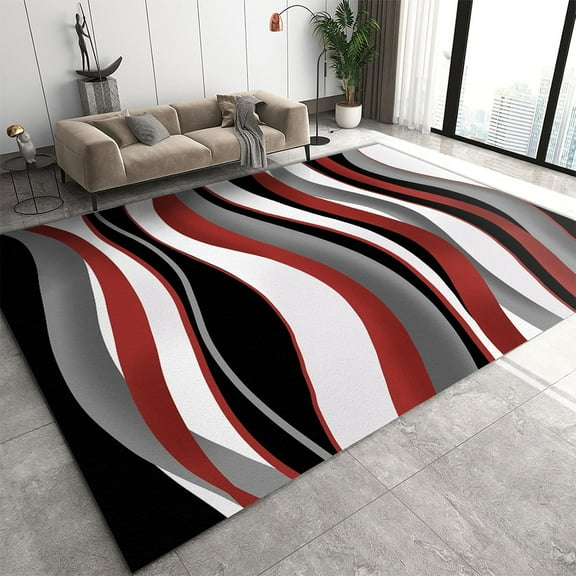Nordic Light Luxury Gradient Art Area Rug, Modern Abstract Red Black White Wavy Stripes Print Rugs, Machine Washable Durable for Front Entrance Floor Decor 2x3ft