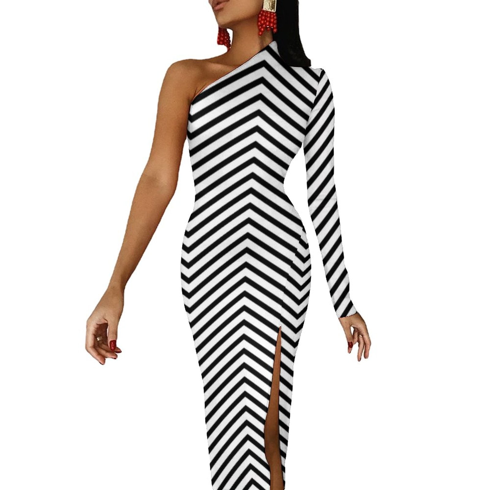 Nordic Lines Print Bodycon Dress Summer Discontinuous Line Elegant Side ...