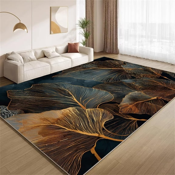 Nordic Luxury Area Rugs, Black Gold Leaf Texture Carpet, Washable Non Slip Low Pile Soft Rug for Living Room Bedroom Study Decor Mat 5ftx6ft