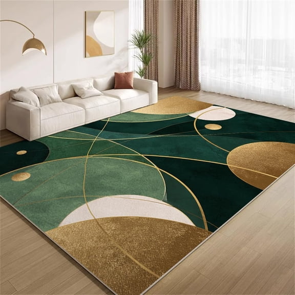 Nordic Luxury Area Rugs, Green Gold Texture Carpet, Washable Non Slip Low Pile Soft Rug for Living Room Bedroom Study Decor Mat 5ftx8ft