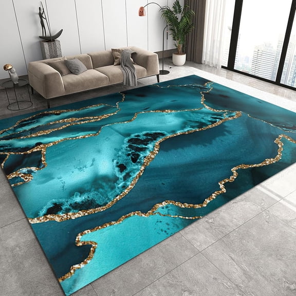 Nordic Luxury Art Rug, European Indigo Gold Marble Area Rug For Living Room, Non-Slip Easy Clean Low Pile Cozy Washable Foldable Mat For Bedroom Entryway Hallway Dining Room 1x2ft