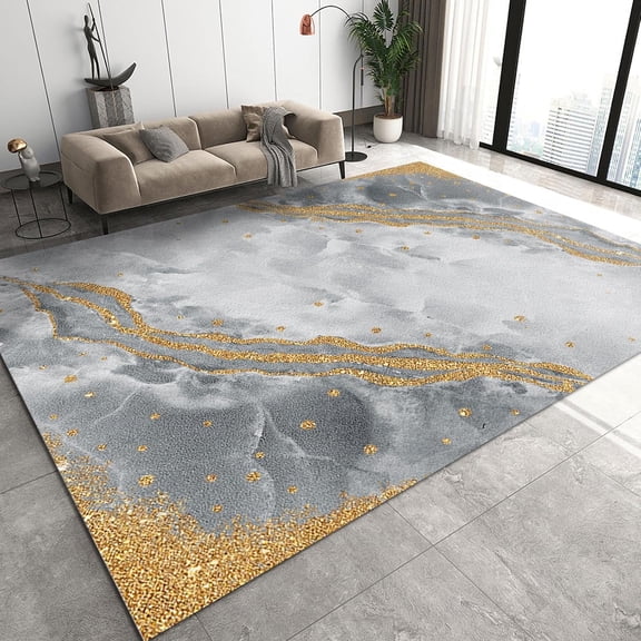 Nordic Luxury Golden Lines Art Area Rug, Modern Classic Gray Gold Marble Ripple Rug, Easy Clean Washable Non-Slip Low Pile Carpets For Living Room Bedroom Entryway Hallway Hotel 5x7ft