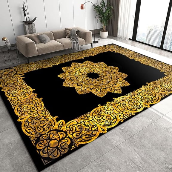 Nordic Luxury Golden Pattern Area Rug, Black Background Non Slip Throw Accent Rug, Machine Washable Carpet For Indoor Living Room Bedroom Office Decor Mat 5x7ft