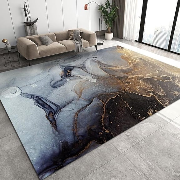 Nordic Luxury Grey Art Rug, Modern Abstract Black Gold Marble Print Area Rug, Soft Foldable Non Slip Breathable Indoor Carpet For Sofa Living Room Bedroom Entryway Hotel Office 5x8ft
