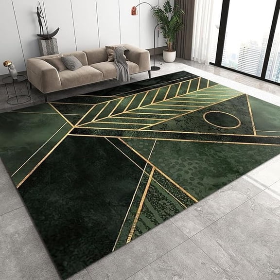 Nordic Luxury Jade Green Area Rug, Golden Geometric Lines Non Slip Print Rugs, Easy Care Durable Carpet For Indoor Living Room Bedroom Office Decor Mat 5x6ft