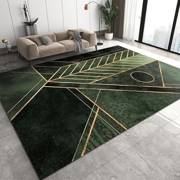 Nordic Luxury Jade Green Area Rug, Golden Geometric Lines Non Slip Print Rugs, Easy Care Durable Carpet For Indoor Living Room Bedroom Office Decor Mat 5x7ft