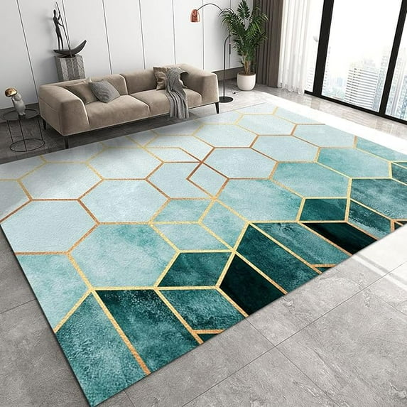 Nordic Luxury Living Room Rug, Green Gradient Gold Hexagon Geometry Washable Area Rug, Non-Slip Durable Foldable Floor Mat For Bedroom Entryway Hallway Dining Table Office 4 x 5ft