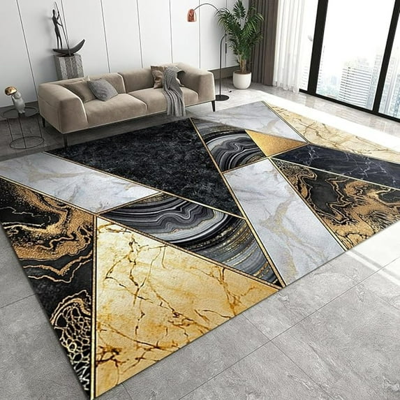 Nordic Luxury Marble Area Rug, Marble Geometric Black Gold Non Slip Noise Reduction Kids Rugs, Machine Washable Durable Carpet For Indoor Bedroom Living Room Office Decor Rug 4x6ft