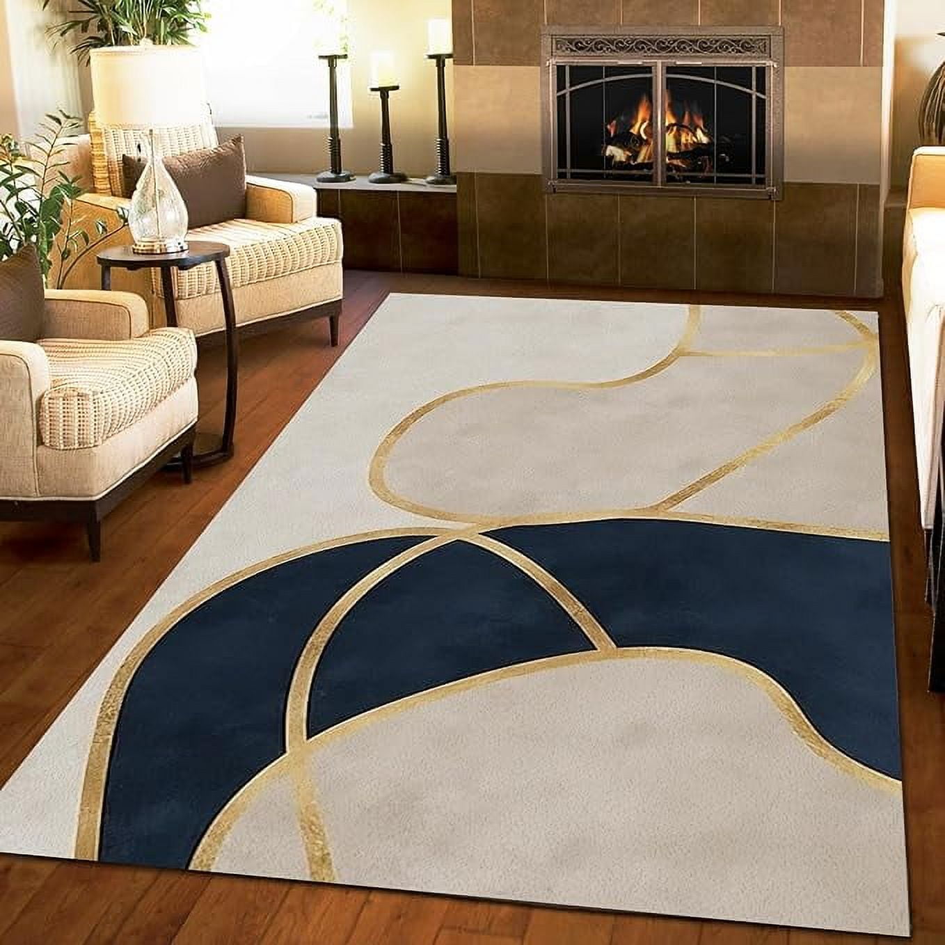 Nordic Luxury Minimalist Art Area Rug For Living Room, Navy Blue Cream ...