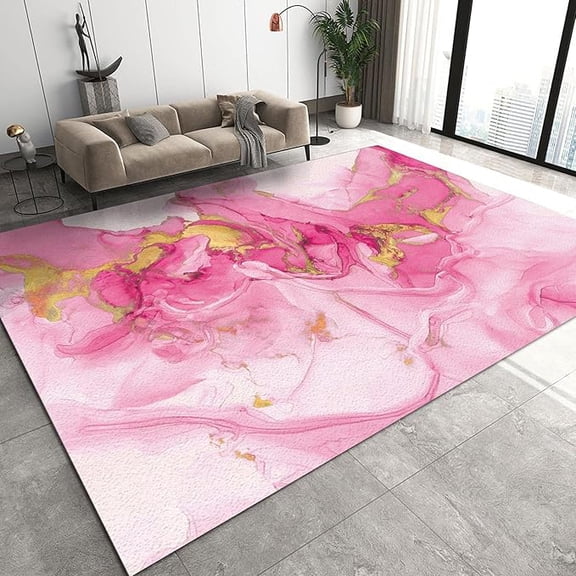 Nordic Luxury Rugs For Bedroom, Abstract Pink Smoke Gilt Marble Non-Slip Area Rug, Durable Absorbent Washable Foldable Mat For Living Room Girls Room Entryway Hallway Porch 3 x 4ft