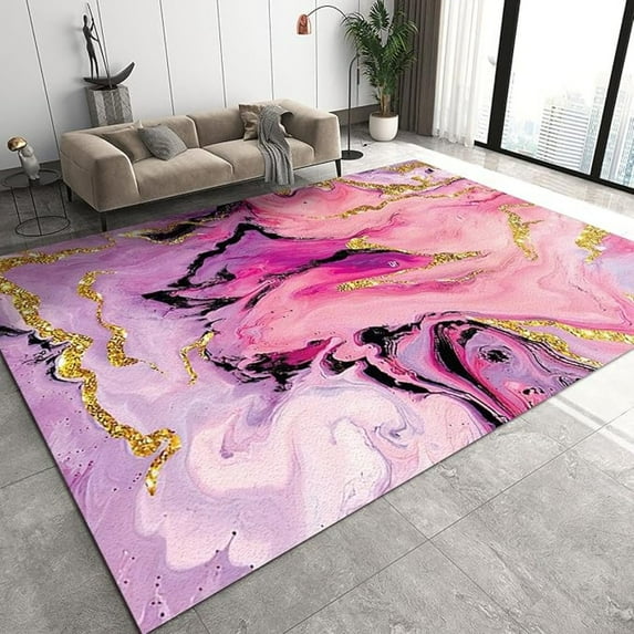 Nordic Luxury Rugs For Living Room And Bedroom, Black Pink Purple Gold Irregular Marble Texture Area Rug, Non-Slip Soft Easy Clean Foldable Non-Shedding Mat For Entryway Hallway 4x6ft