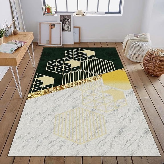 Nordic Luxury Washable Rug, Gold Powder Lines Yellow Polygon Dark Green White Texture Home Decor Rugs, Anti-Skid Soft Durable Carpet For Bedroom Kids Bedroom Bedside Living Room 3 x 4ft