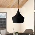Nordic Matte Black Industrial Hanging Pendant Light, Black and Wood Finish for Dining Room ...