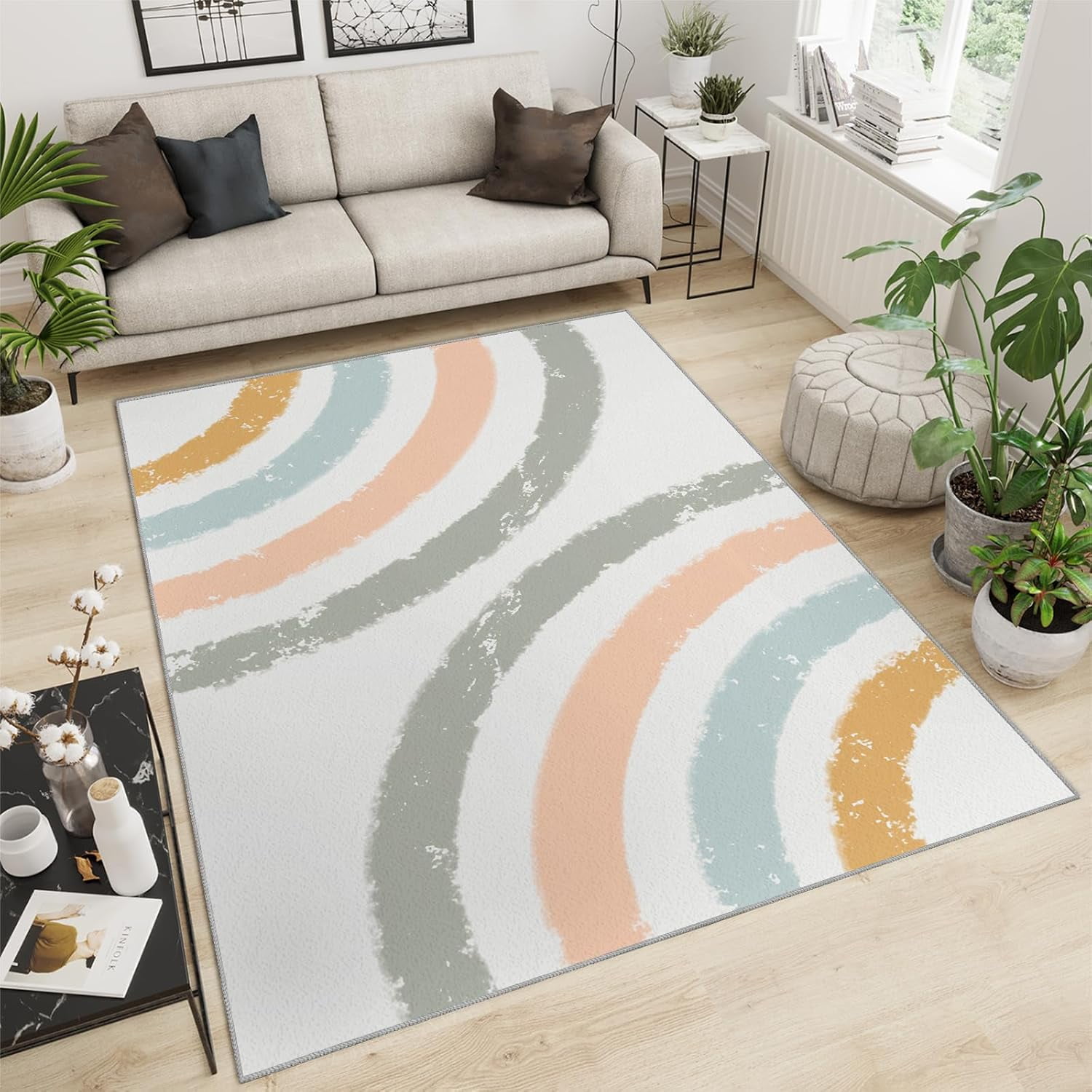 Nordic Medieval Rainbow Lines Bedroom Rug Regular Symmetrical Curved ...