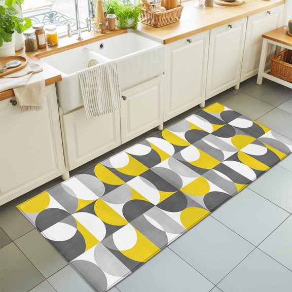 Nordic Medieval Splicing Half Circle Rectangle Rug 2'x6' Yellow Grey Abstract Washable Area Rugs for Living Room Bedroom Entryway Non Slip Entrance Door Mat Indoor Floor Carpet