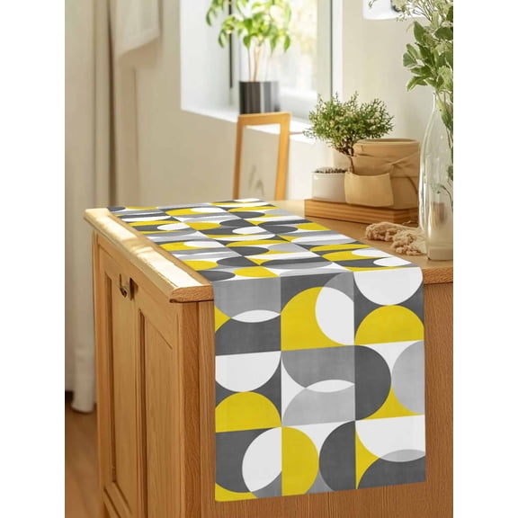 Nordic Medieval Splicing Half Circle Table Runner 36 Inches Long,Kitchen Dining Tablerunners Yellow Grey Abstract Linen Table Runners Dresser Scarves for Home Dinner Wedding Holiday Party Decor