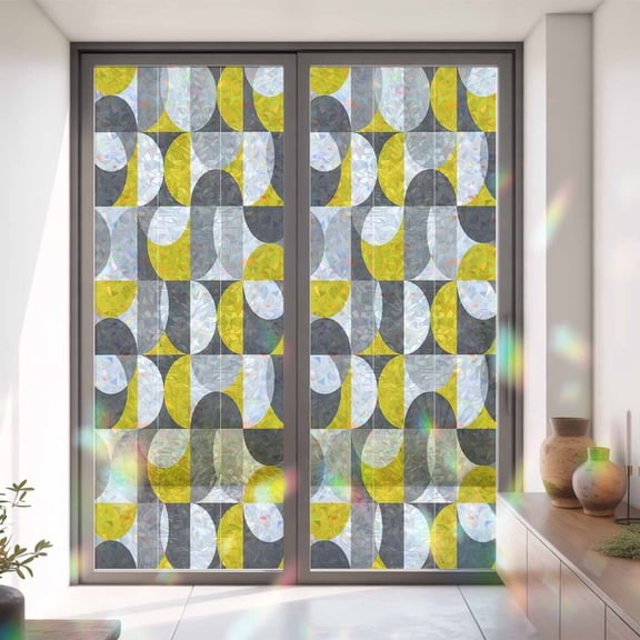 Nordic Medieval Splicing Half Circle Window Privacy Film,Decorative Windows Static Cling Yellow Grey Abstract Heat Control Removable Glass Sticker for Home Bathroom Bedroom Window Door,35x79in