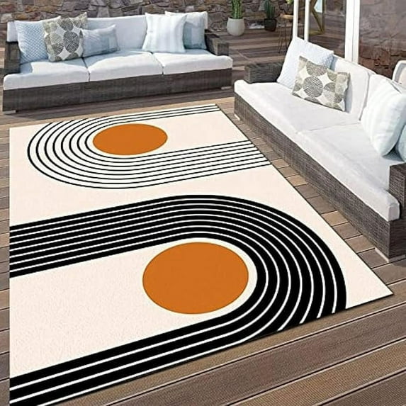 Nordic Mid-Century Boho Sun Kids Rugs, Modern Black Arched Cream Bedroom Area Rug, Non-slip Washable Durable Foldable Mat For Living Room Entryway Hallway Nursery 4 x 5ft