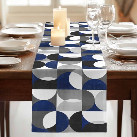 Nordic Mid Century Modern Table Runner Dresser Scarf,Kitchen Dining Table Decoration Blue Grey Semicircle Linen Table Runners for Home Wedding Indoor Outdoor Party,13x70in