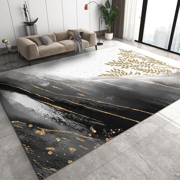 Nordic Minimalist Ink Gray Art Area Rug, Modern Abstract Golden Palm Leaves Printed Rug, Cozy Durable Non-Slip Breathable Washable Thin Mat For Living Room Bedroom Entryway Hallway 1x2ft