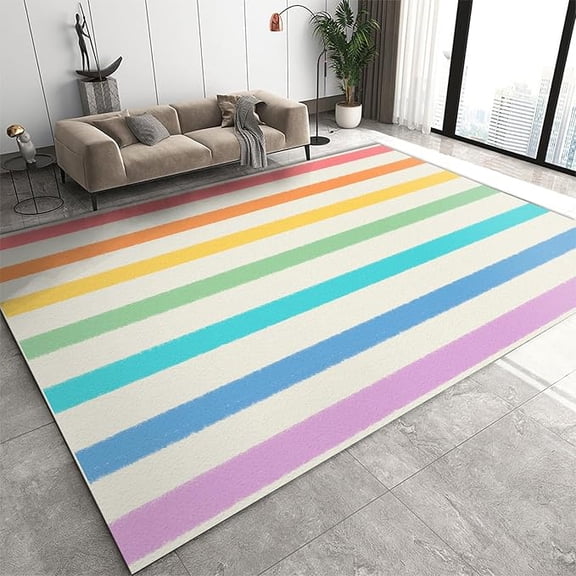 Nordic Minimalist Rainbow Stripes Area Rug for Living Room, Modern Boho Home Decor Art Indoor Non-Slip Kids Rugs, Washable Breathable Durable Carpet for Front Entrance Floor Decor 2 x 3ft
