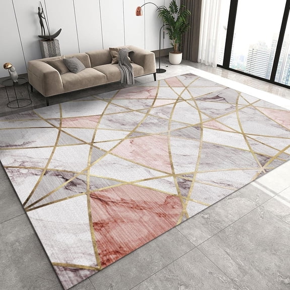 Nordic Minimalist Rose Gold Marble Area Rug, Pink Irregular Geometric Pattern Decorative Bedroom Rugs, with Non-Slip Rubber Backing Carpet for Living Dining Dorm Room Bedroom Decor-5x7ft