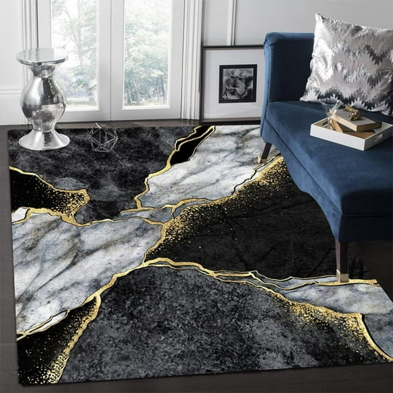 Nordic Modern Abstract Marble Area Rugs Luxury Black Grey Gold Floor Carpet Washable Non Slip Breathable Durable Portable Living Room Bedroom Study Dining Office 2x3 Non-slip Soft