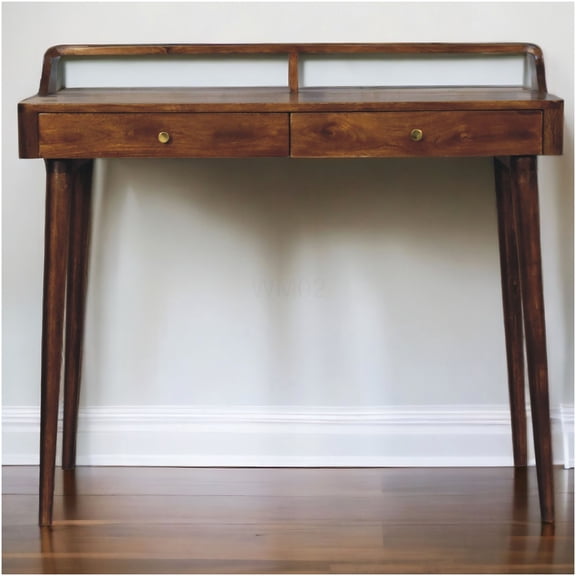 Nordic Modern Console Table with 2 Drawers, Solid Mango Wood Sofa Table, Dark Brown Chestnut Finish Entryway Table