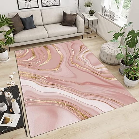 Nordic Modern Light Luxury Kids Rug, Pink Gold Marble Bedroom Area Rug, Non-slip Washable Foldable Pet Friendly Mat For Living Room Entryway Hallway Nursery Girls Bedroom 4 x 6ft