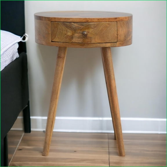 Nordic Modern Oak Nightstand with 1 Drawer, Circular Shape