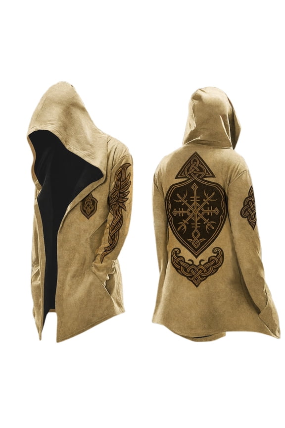 Nordic Myth Hooded Jacket Mens Mid Length Retro Biker Jacket Cardigan Spring Fall Khaki L