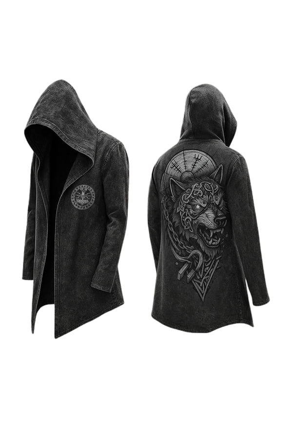 Nordic Myth Hooded Jacket Mens Mid Length Retro Biker Jacket Spring Fall Cardigan Black XXXXL