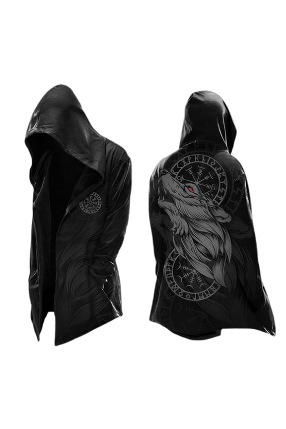 Nordic Myth Hooded Jacket for Men Retro Mid Length Biker Jacket Spring Fall Cardigan Loose Black XXXL