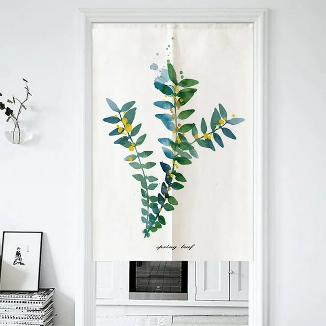 View of Nordic Natural Plant Leaves Japanese Door Curtain Linen Fabric Kitchen ...