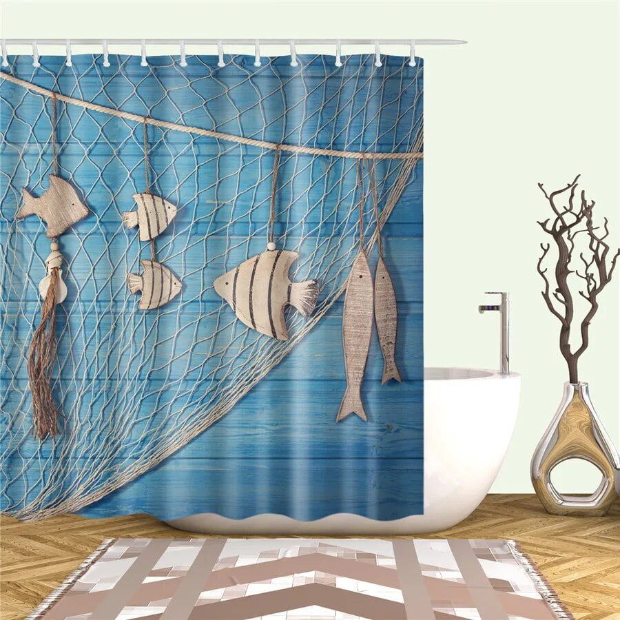 Nordic Navigation Anchor Lighthouse Bathroom Shower Curtain Frabic
