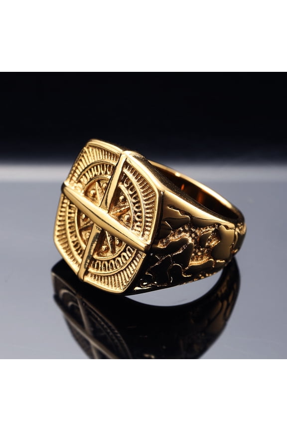Nordic Navigational Compass 14K Yellow Gold Mens Rings Hyperbole for Male Boyfriend Biker Jewelry Creativity Gift