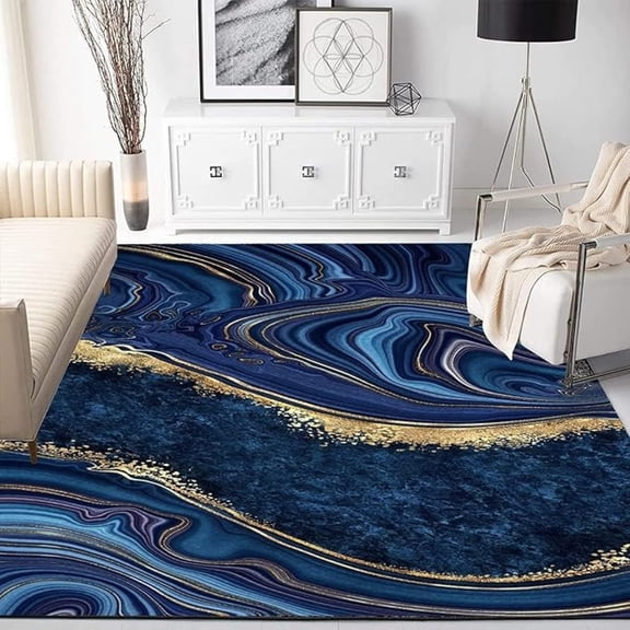 Nordic Navy Blue Gold Marble Area Rugs, Abstract Golden Striped Marble Easy Clean Rug, Soft Non-Skid Carpet Throw Rug For Kids Teen Girls Boys Bedroom Living Room Bathroom 5x7ft
