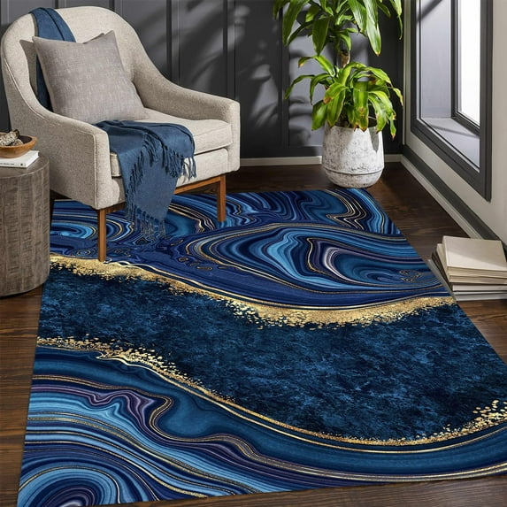 Nordic Navy Blue Gold Marble Area Rugs Luxury Abstract Indoor Non Slip Rug Washable Carpet Bedroom Living Room Office Interior Decoration 5x6 Non-slip Soft Home Decor Modern