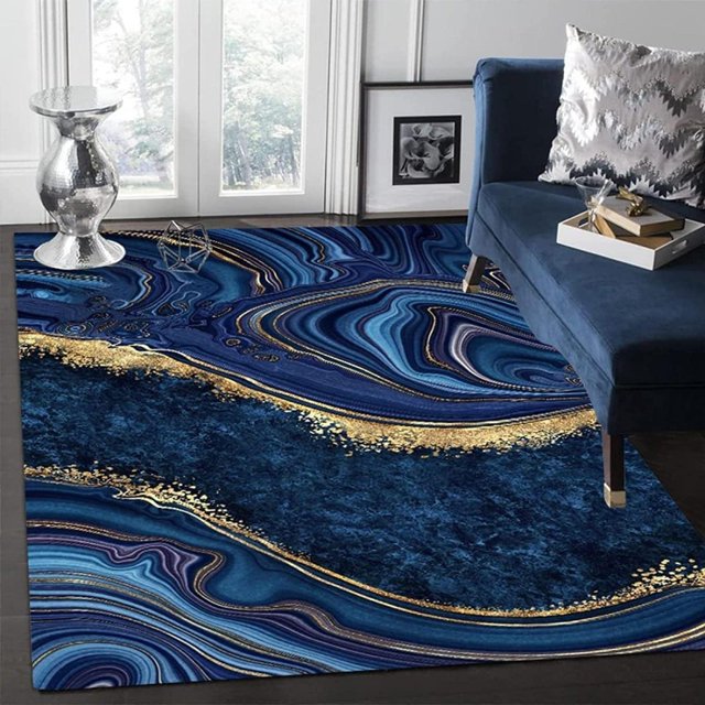 Nordic Navy Blue Marble Area Rug, Luxurious Gilt Geometric Texture